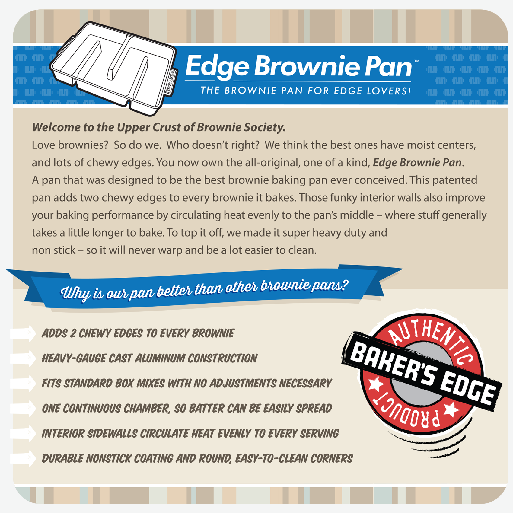  Baker's Edge Brownie Pan, The Original All Edges Brownie Pan  for Baking  Premium Doble Nonstick Coating, Heavy Gauge Cast Aluminum  Construction, Rectangular 9x12” Size Baking Pan - US Patented Design