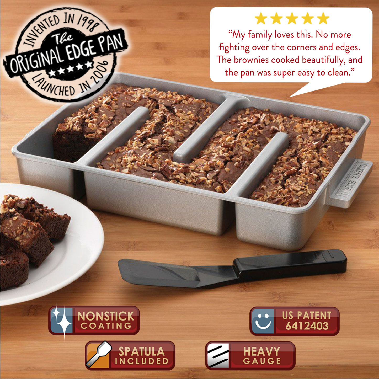 Baker's Edge Brownie Pan - The Original - All Edges Brownie Pan for Baking, Durable Nonstick Coating, Heavy Gauge Cast Aluminum Construction, Rectangular 9”x1…